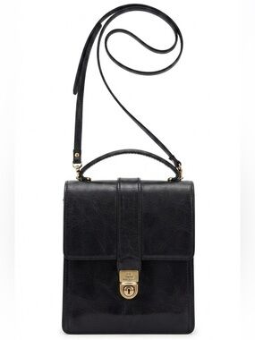 The Trend Black Leather Crossbody Messenger Bag with Top Handle and Gold Lock